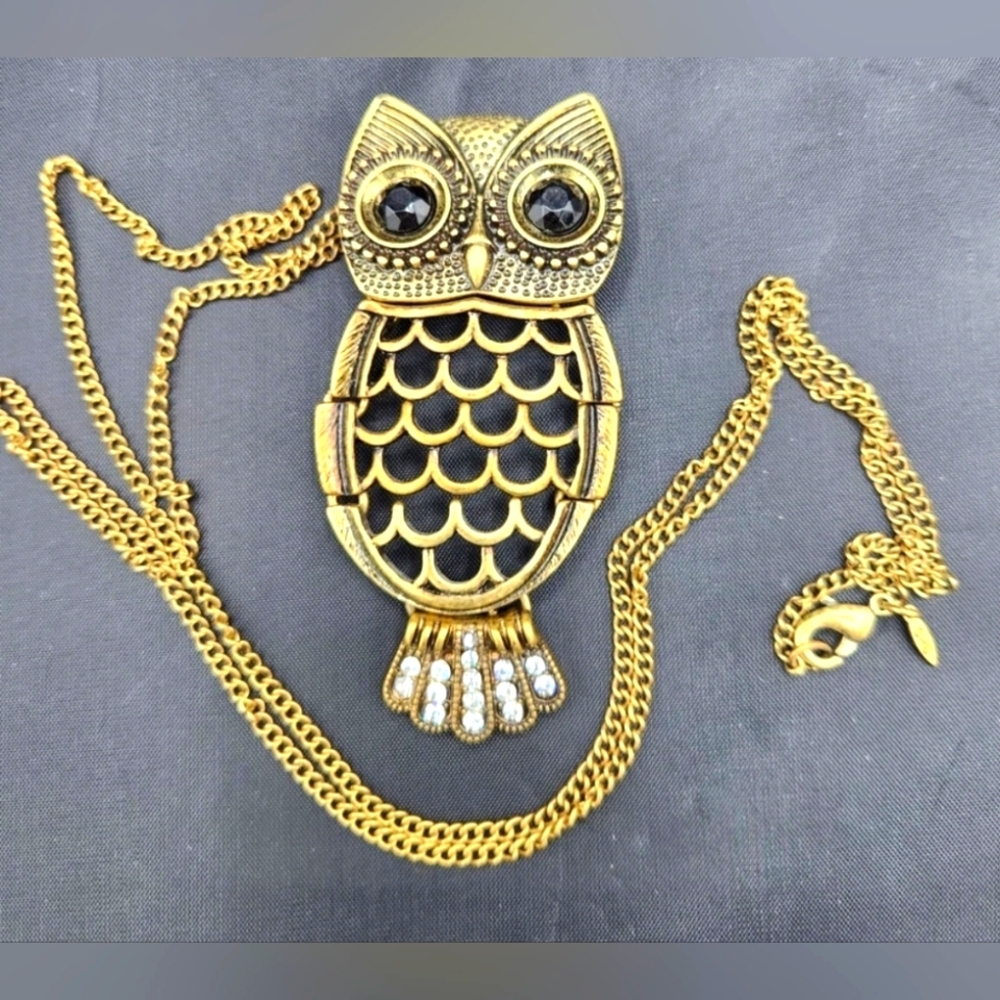 VTG Owl Pendant Necklace Brooch Pin 3" Chain 30" Extender 3" Black Eye Brasstone